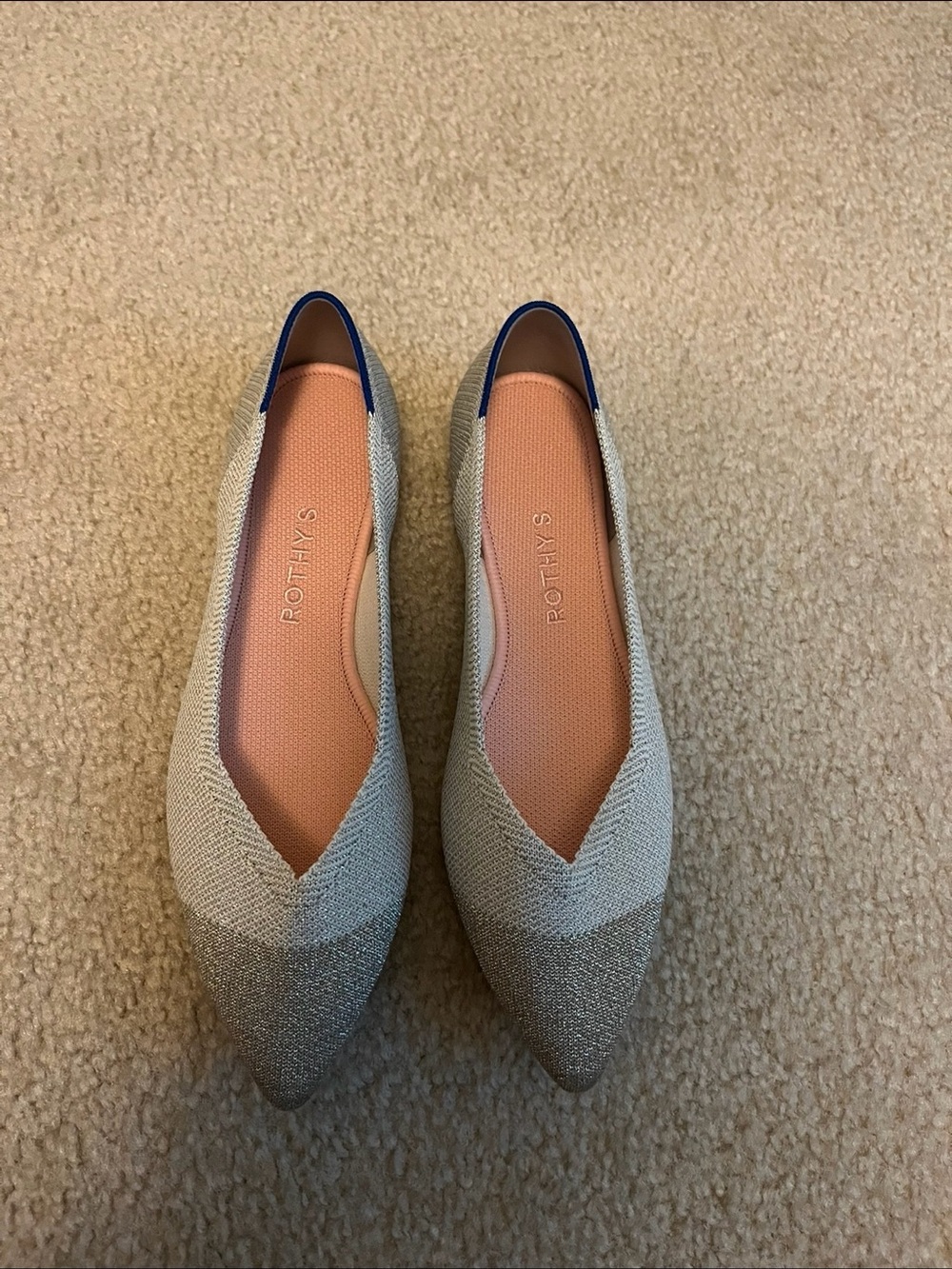 Rothy's Pointed Knit Flats in Beige with Blue Trim